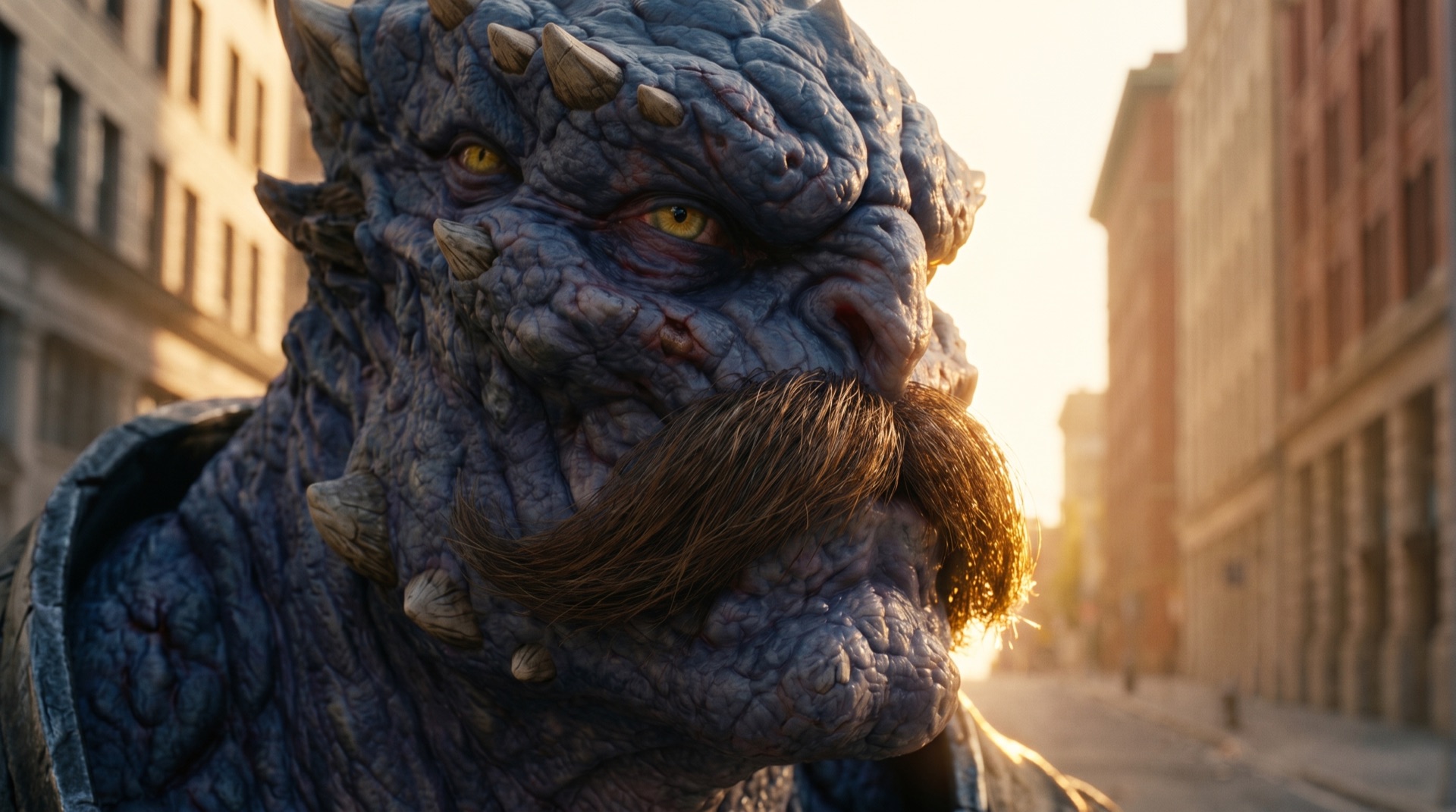 An alien invader with a magnificent moustache, at golden hour